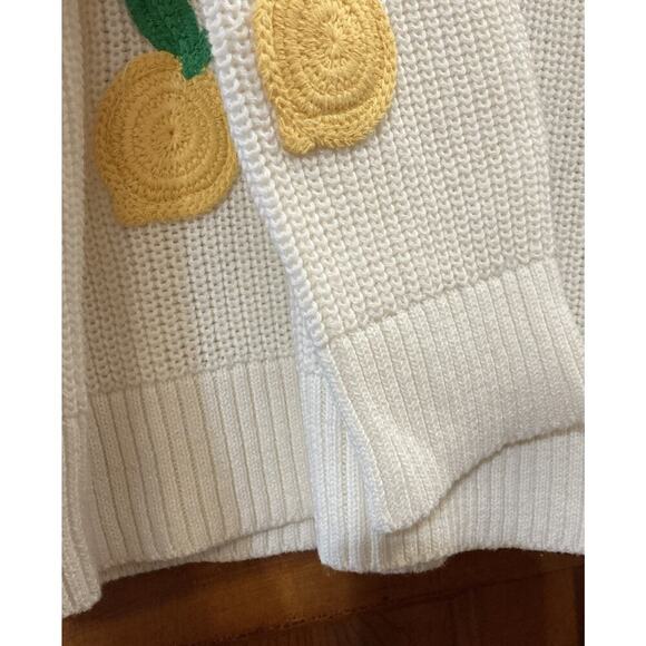 CYNTHIA ROWLEY Lemon Sweater Sz M New Ivory Crochet Fruit Embordered Cute - Picture 3 of 7